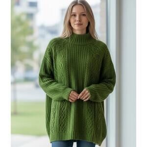 J.Jill Green Cable Knit Sweater Womens Large Mock Neck Oversized Cozy Soft